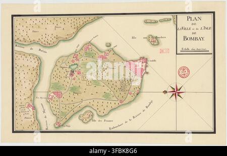 Eine historische Manuskriptkarte aus dem 18. Jahrhundert der Stadt und Insel Bombay, Indien, zeigt die Ville, Baie und Festungen mit einem Maßstab von einer halben Lieue. Stockfoto