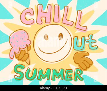 Chill out Sommer-Zitat Text Smiley-Gesicht Sonne Eiscreme Retro-Kritzelstil Illustration bunte helle Palette. Handgezeichneter Schriftzug Text chill out sum Stock Vektor