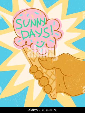 Sonnen Tage Zitat rosa Eisbecher Hand Retro Doodle Stil Illustration bunte helle Palette. Menschliche Hand hält Waffelkegel Erdbeereis Stock Vektor