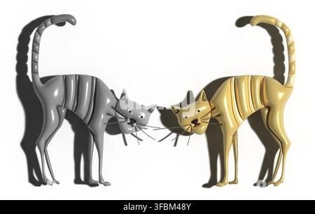 Graue und rote Tabby-Katze, die auf isoliertem Hintergrund zurückgebogen ist, 3D-Rendering-Illustration Stockfoto