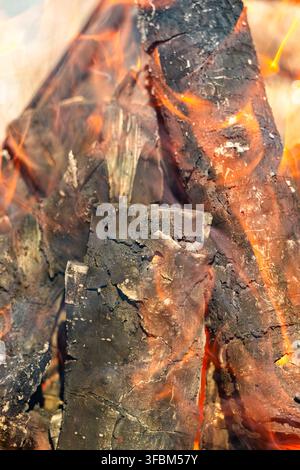Detaillierte Nahaufnahme, die sich auf die strukturierten, verkohlten Enden von Holzscheiten konzentriert, die aktiv von intensiven orangefarbenen und gelben Flammen umhüllt sind, innen Stockfoto