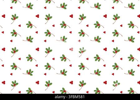 Nahtloses Weihnachtsmuster mit illustrierten Stechpalmenblättern und roten Beeren, die auf einem weißen Hintergrund verstreut sind, in einem sich wiederholenden minimalen Layout. Einfaches Festtagsdesign Stockfoto