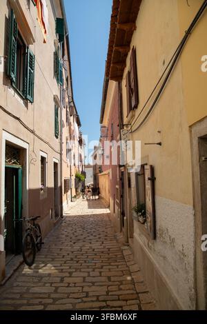 Blick auf eine schmale Kopfsteinpflasterstraße in der historischen Altstadt von Rovinj, gesäumt von farbenfrohen Gebäuden, grünen Fensterläden und einem geparkten Fahrrad in Rovinj Stockfoto