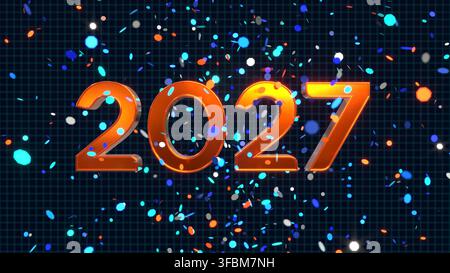2027 Frohes neues Jahr Gold- und Orange-Metall-Zahlen mit fliegendem farbenfrohem Konfettihintergrund - 3D-Rendering Stockfoto
