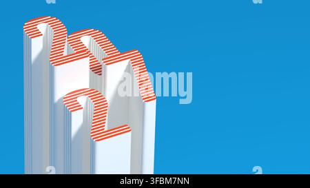 3D-isometrische 2027-Neujahreszahl mit weißer Extrusion und rot gestreiftem Oberteil auf hellblauem Hintergrund, Kopierraum - 3D-Rendering Stockfoto