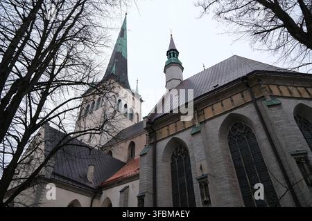 Niedrigwinkelaufnahme der gotischen Architektur und des Turms der St.-Nikolai-Kirche in Tallinn Stockfoto