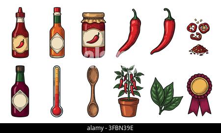 Hot-Sauce- und Chili-Pfeffer-Symbol-Set Stock Vektor