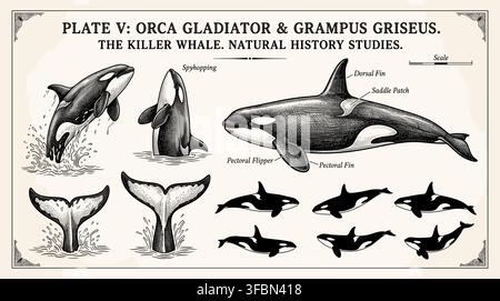 Vintage handgezeichnete Orcas und Killerwale Vektor-Set im detaillierten Kreuzhatch-Ätzstil. Stock Vektor