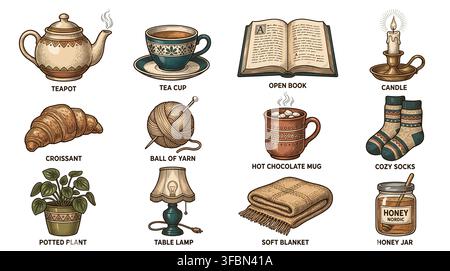 Gemütliches Hygge-Lebensstil handgezeichnetes Icon-Set mit Teekanne, Teetasse, offenem Buch, Kerze, Croissant, Garn, Schokoladenheißgetränk, Socken, Pflanze, Lampe, Decke Stock Vektor