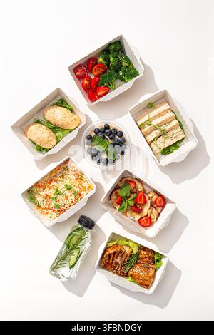 Gesunde Fitness-Mahlzeit-Rationsboxen auf weißem Hintergrund Stockfoto