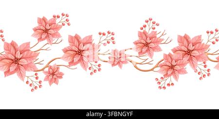 Aquarell nahtlose Blumenbordüre mit roten Weihnachtssternen, Winterbeeren und Zweigen. Handgezogenes botanisches Ornament Stockfoto