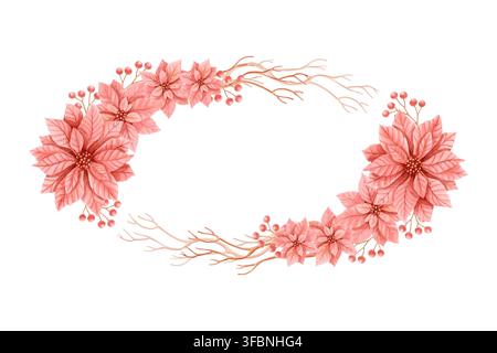 Eleganter Aquarell-Ovalrahmen mit Poinsettia-Blüten, roten Winterbeeren und natürlichen Zweigen. Handgezeichneter weihnachtlicher Blumenrand Stockfoto