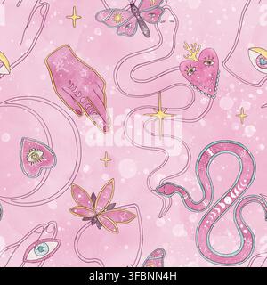 Handgezeichnetes niedliches mystisches Nahtloses Muster mit esoterischer magischer Hand, Schlange, himmlischer Schmetterling, Herz mit Augensymbolen. Mädchenhaftes hexiges rosa Hintergrund Stockfoto