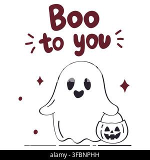 Süßer Halloween-Geist hält einen Kürbiskübel mit dem Schriftzug „Boo to You“ in einem verspielten handgezeichneten Doodle-Stil. Stock Vektor