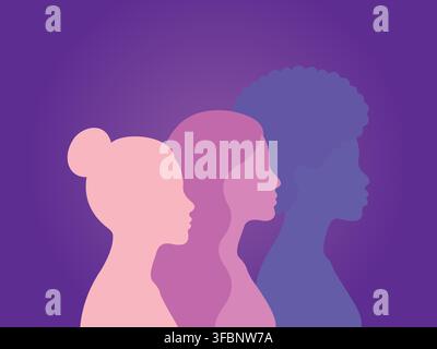Eine minimalistische grafische Illustration mit drei stilisierten weiblichen Silhouetten, die in einer Reihe angeordnet sind, vor einem lebendigen violetten Hintergrund, der einen Taucher darstellt Stock Vektor