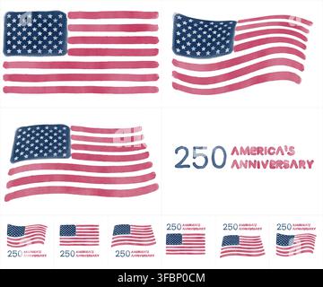 Aquarell-USA-Flaggen-Set, handgezeichnete Vektorillustration, isoliert auf weißem Hintergrund. Sammlung nationaler Symbole zum 250. Jahrestag Amerikas. Stock Vektor