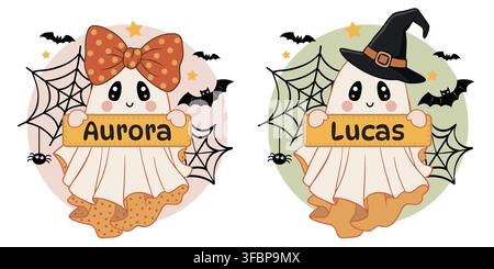 Personalisiertes Halloween-Geist-Namensschild-Vektordesign-Set. Stock Vektor
