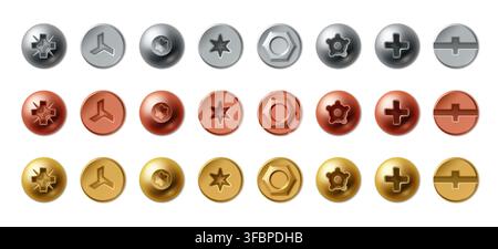Realistische Schraubenköpfe und Metallschrauben isoliert auf weißem Hintergrund. 3D-Vektorillustration von glänzenden Stahl-, Gold- und Messingbefestigungen mit runden Kappen, Hardware-Symbole aus oberer Ansicht für Industriedesign Stock Vektor