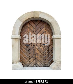 Alte Holztür isoliert auf weißem Hintergrund mit Ausschnittpfad Stockfoto