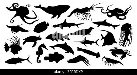 Verschiedene Meerestier-Silhouetten auf weißem Hintergrund. Meeresleben für Bildungsmaterial oder aquatische Themen-Design. Unterwasserwelt-Sammlung. Stock Vektor