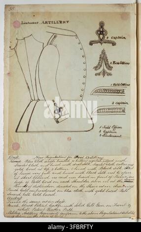Eine Seite aus den Neuen Vorschriften für Fußartillerie, 1854, die die Uniform des Leutnants der Artillerie beschreibt, mit Details zur Tunika, zum Rock und zum Kragen, in der britischen Armee Mitte des 19. Jahrhunderts. Stockfoto
