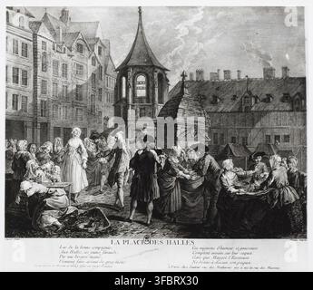 La Place des Halles, ein Marktplatz in Paris, in einem Stich von Aliamet nach einem Werk von Jeaurat, den Gardes-Françaises angeboten und vom Autor in Paris, rue des Mathurins, veröffentlicht. Stockfoto