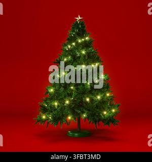 Weihnachtsbaum isoliert auf rotem Hintergrund 3D-Illustration Stockfoto