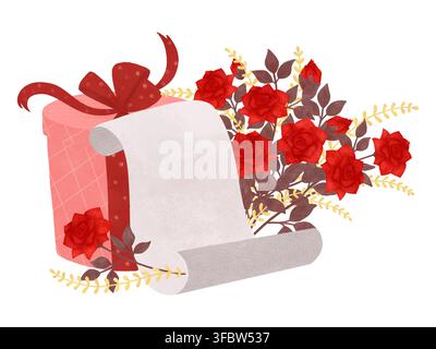 Eine romantische Komposition, Platz für eine Unterschrift. Rote, rosafarbene Töne. Blumen, Rosen, Geschenk. Valentinstag, Liebe, Geständnis. Brief, Nachricht. Aquarell Stockfoto