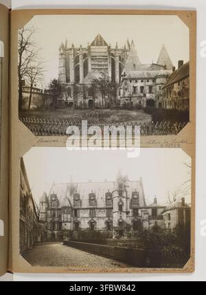 Eine Fotografie aus dem späten 19. Jahrhundert, die zwei Ansichten der Kathedrale und ihrer Umgebung in Beauvais zeigt, mit dem Garten des Palais de Justice, Teil einer Sammlung mit dem Titel Recueil, die Bourgogne, die Umgebung von Paris und die Museen von Paris umfasst, aufgenommen zwischen 1894 und 1898. Stockfoto