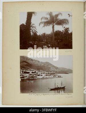 Eine Fotografie aus dem Jahr 1898, die zwei Ansichten von Monte Carlo zeigt, darunter Gärten und einen Taubenturm, mit Text, der die Szenen als „Les jardins à Montecarlo“ und „Le Vieux Pigeonnier à Montecarlo vu du palais du Prince de Monaco“ bezeichnet, Teil eines Sets mit dem Titel „Voyages en France: Bretagne, Côte d'Azur, environs de Paris, Val de Loire, Normandie“. Stockfoto