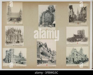 Eine Sammlung von Schwarzweißfotografien von Louis de Launay, einem französischen Fotografen, die verschiedene Gebäude und Straßen in Caen, Frankreich, zeigen, darunter L'Abbaye, Eglise Saint-Jean, Eglise Saint-Pierre und Abbaye aux Dames, aufgenommen zwischen 1899 und 1909. Stockfoto