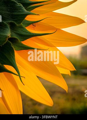 Nahaufnahme Makro vertikales Foto von einer vollständig aufgeblühten Sonnenblume während der Morgenzeit. Selektiver Fokus Stockfoto
