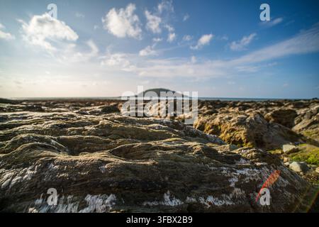 Felsiger Vordergrund von Hannafore Beach mit Looe Island am Horizont unter einem blauen Himmel mit Wolken sichtbar. Stockfoto