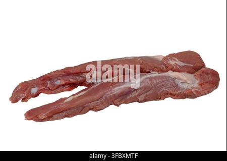 Nahaufnahme eines Produktfotos von rohem Fleisch, das auf einem knusprigen weißen Hintergrund platziert ist Stockfoto