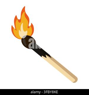 Brennende Holzschachtele mit helloranger Flamme und verkohlter Spitze. Cartoon-Vektorillustration auf weißem Hintergrund Stock Vektor