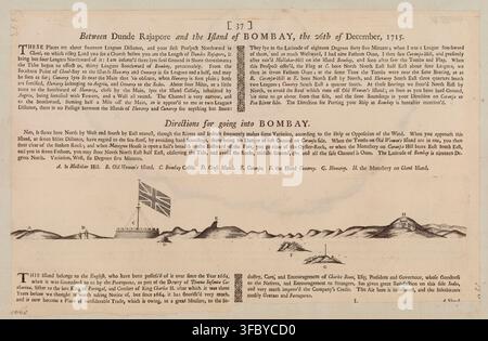 Eine Karte von 1715 der Umgebung von Bombay, die den Zugang zur Stadt und bemerkenswerte Orte detailliert darstellt, einschließlich Mallabar Hill, Old Woman's Island und Bombay Castle, erstellt am 26. Dezember 1715. Stockfoto