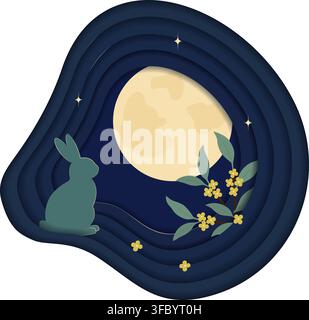 Mondfest-Paperschneiden-Illustration mit Jadehasen-Vollmondnacht-Himmel Osmanthus Kopierraum. Isolierte Vektorillustration Mondfest-Feiertag-Glückwunschkarte, Poster, Mediensvorlage, Einladung, Etikett Stock Vektor