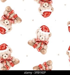 Nahtloses Aquarellmuster mit Spielzeugbären, die rote Weihnachtsmützen und rote Schleifen tragen, in verschiedenen Posen arrangiert mit winzigen Herzen, eine Illustration für Weihn Stockfoto