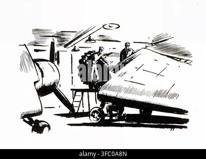 Zwei Ingenieure arbeiten fleißig an einem Flugzeugflügel und Rumpf in einer Retro-Werkstatt, was die detaillierte Arbeit verdeutlicht, die bei der Wartung und Reparatur von Flugzeugen anfallt. Aus dem Flugzeugkonstruktionshandbuch 1945 des United States. Bureau of naval personnel. United States. Navy. Naval air technical training command. Stockfoto