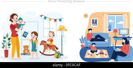 Elternmoment zu Hause, der eine Mutter zeigt, die mit Kindern spielt, und Eltern, die von zu Hause aus remote arbeiten, während sie Kleinkinder betreuen, Vektor-Flachillustration Stock Vektor