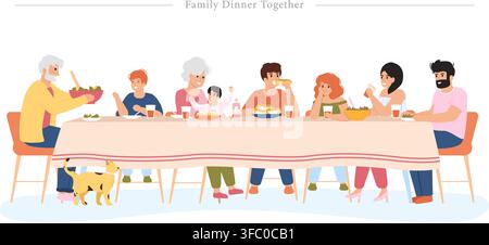 Große glückliche multigenerationale Familie, die gemeinsam an einem langen Tisch zu Abend isst, Großeltern Eltern Kinder genießen ein festliches Mahl flache Vektorillustration flach Stock Vektor