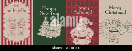 Set aus vier retro Weihnachtsgrußkarten mit dem Weihnachtsmann, Elfen, Weihnachtsbaum, Geschenken, Winterlandschaft, festlicher Typografie und Vintage-Ferien Stock Vektor