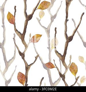 Trockene Äste und Blätter. Nahtloses Muster. Aquarellmalerei Stockfoto