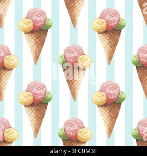 Aquarell nahtloses Muster mit Eiscremekone. Niedlicher Hintergrund Stockfoto