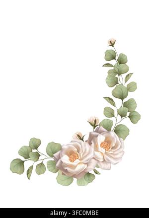 Handgezeichnete Illustration eines eleganten Blumenecks mit weichen weißen Rosen und grünem Eukalyptuslaub. Isoliert auf weißem Hintergrund. Botanische Dekoration Stockfoto