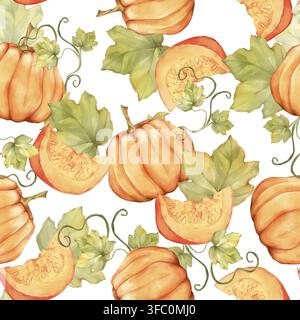 Handgezeichnetes nahtloses Muster mit orangefarbenen Kürbissen und grünen Blättern. Perfekt für Herbstdekoration, Stoff oder Tapete Stockfoto
