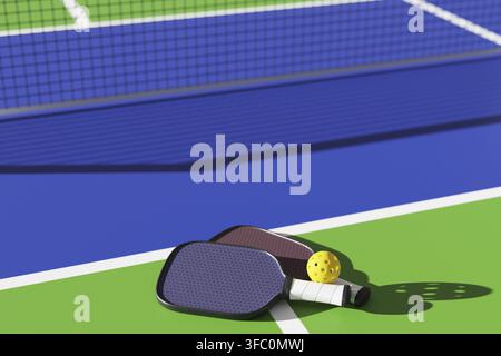 Schläger und Ball zum Spielen von Pickleball auf dem Platz. 3D-Rendering Stockfoto