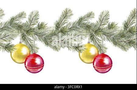 Weihnachtsnahtlose Bordüre aus Fichtenzweigen und Weihnachtskugeln. Illustration für Muster, Grußkarten und Einladungen Stockfoto