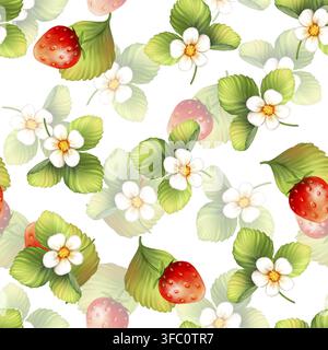 Erdbeere mit Blumen, wilde Beeren, Blätter. Nahtloses Muster auf weißem Hintergrund Stockfoto