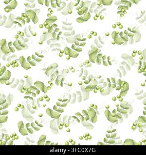 Handgezeichnete Illustration eines nahtlosen Musters mit verstreuten grünen Erbsen neben zarten grünen Blättern und sich windenden Stängeln Stockfoto
